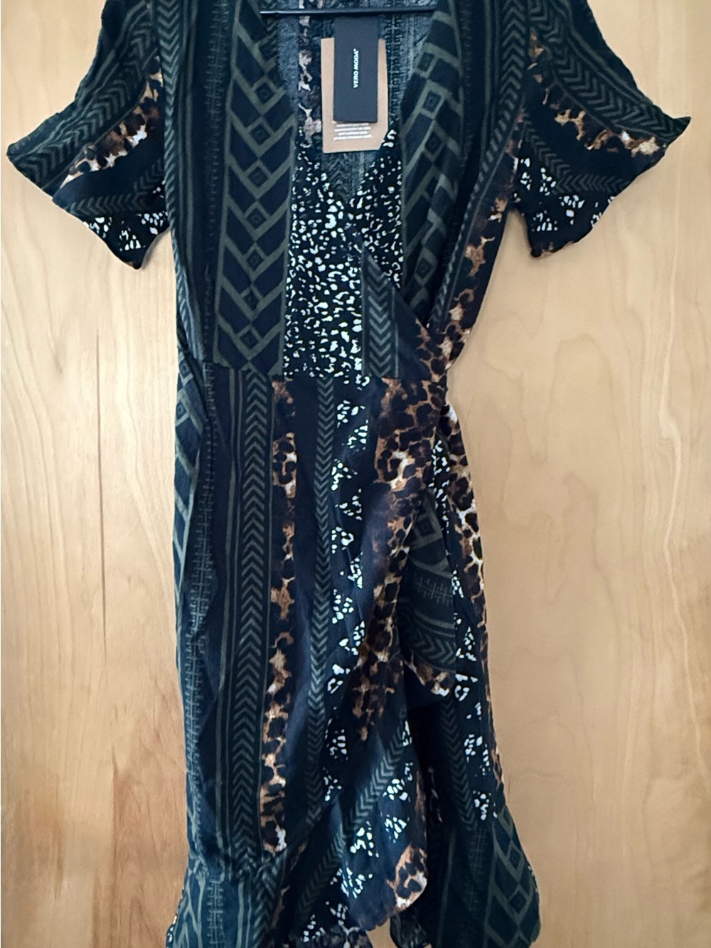 Vero Moda Olive Green and Black Mixed Print Midi Wrap Dress